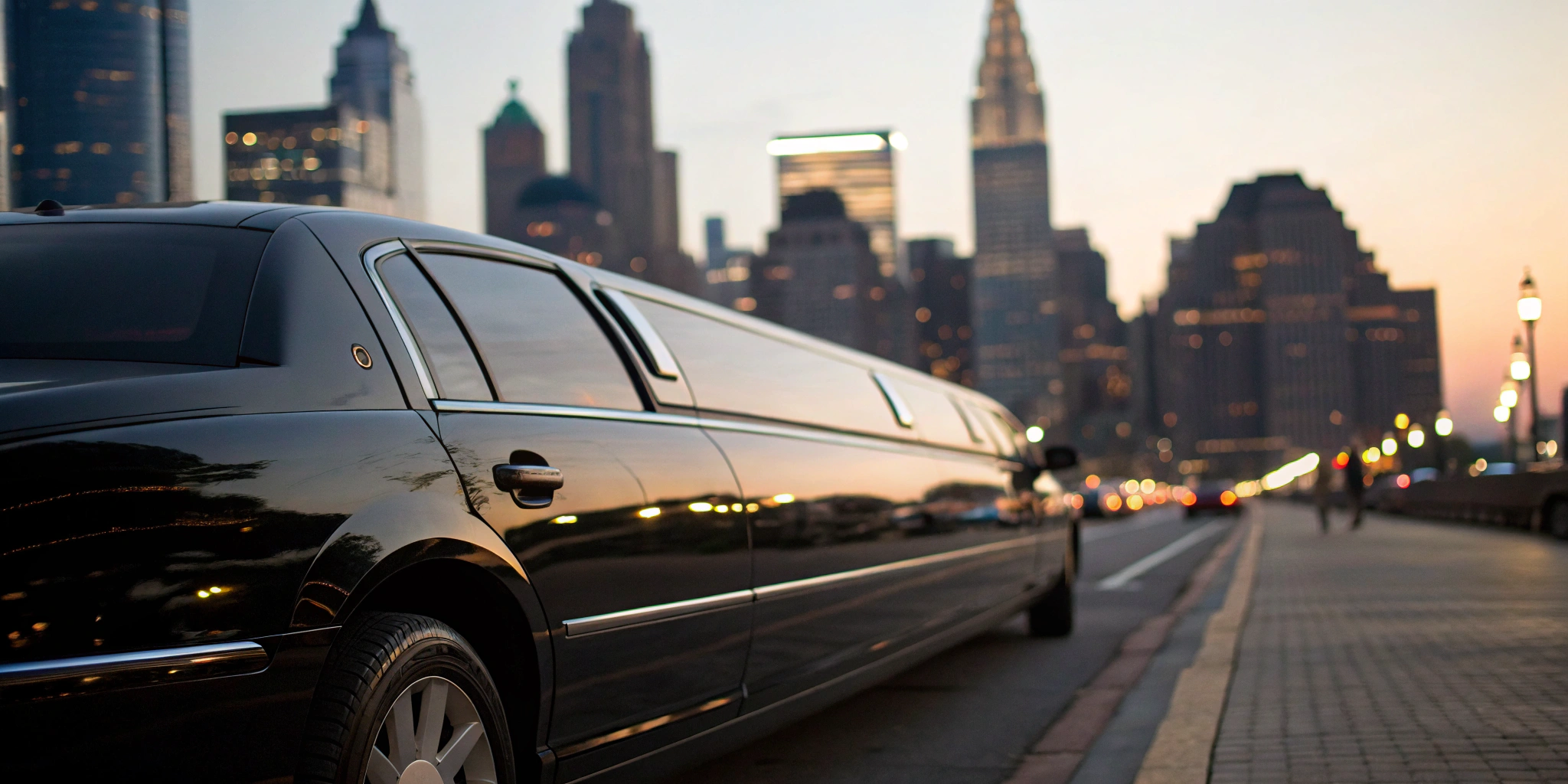 A luxury black car from a professional VIP limo service parked on a city street.
