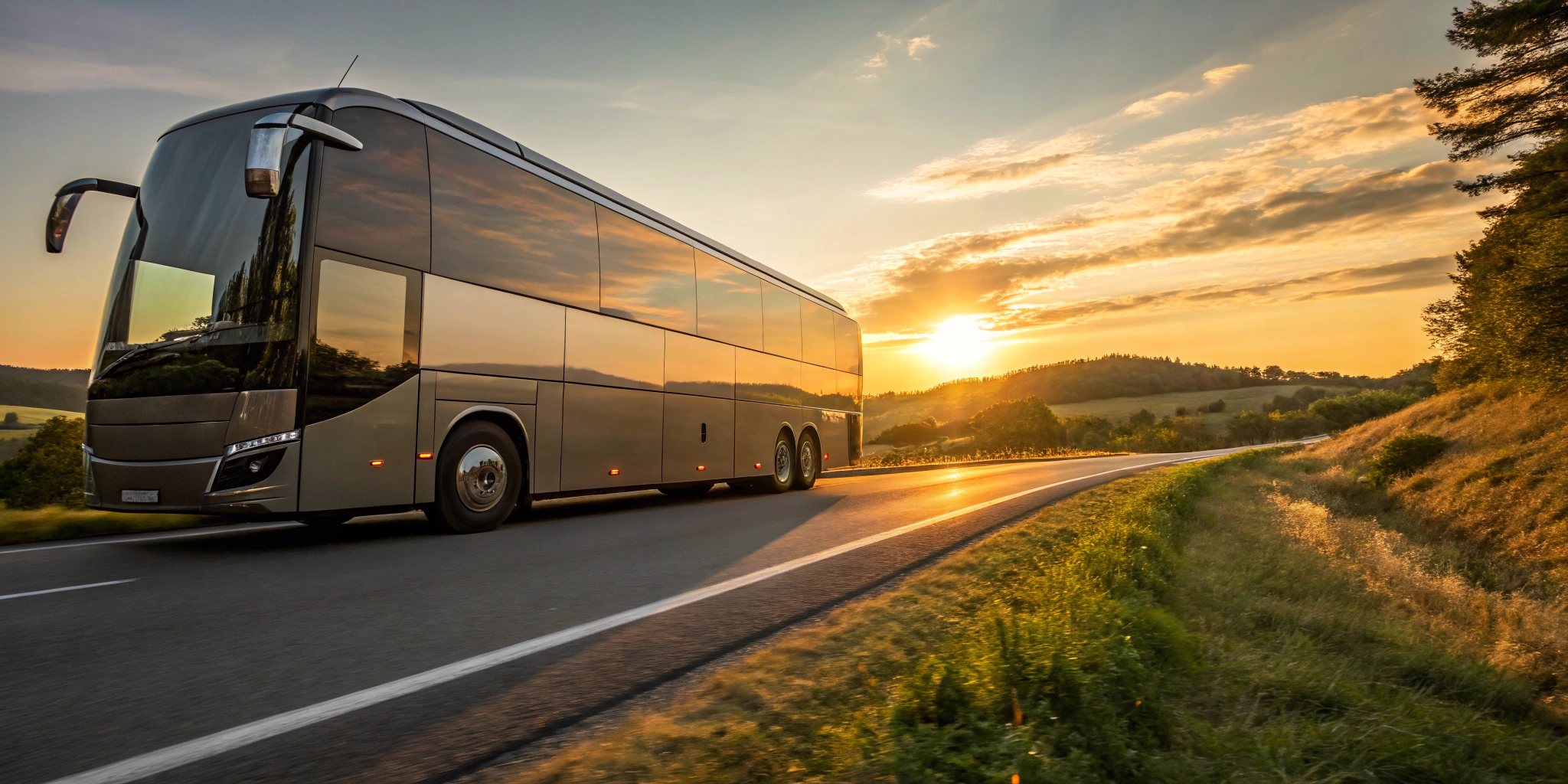 A motor coach on a highway, a factor in how much it costs to rent a motor coach.
