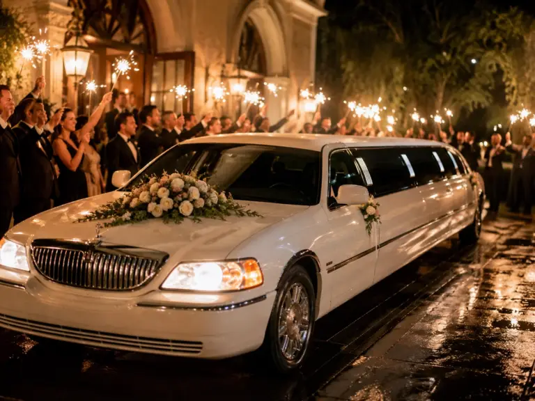 Nighttime wedding send-off with limousine transportation