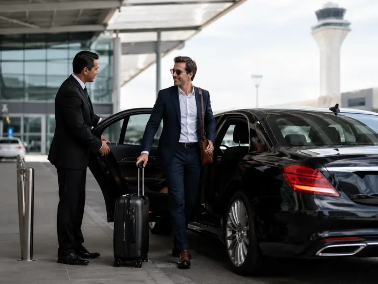 Ace Limousine chauffeur assisting passenger during airport pickup
