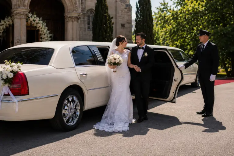 Bride and groom standing beside a white stretch limousine