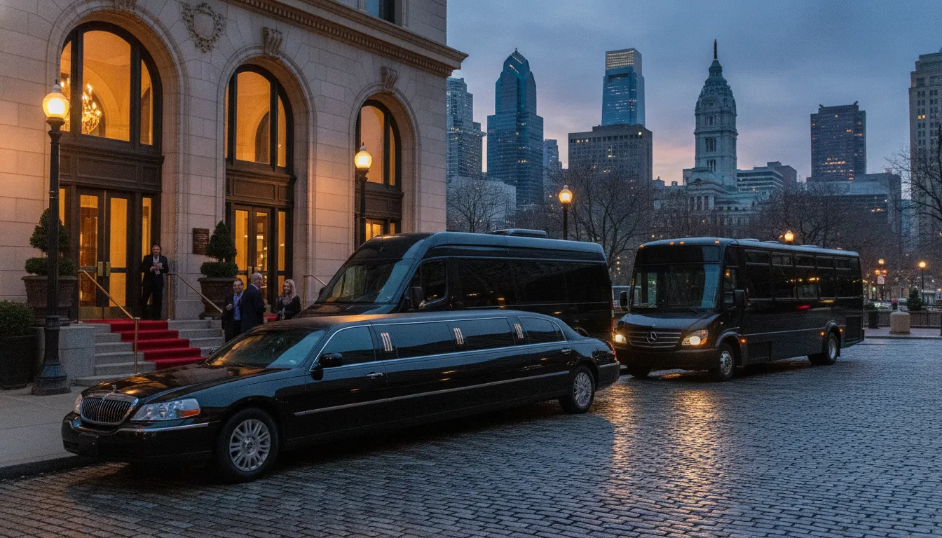Black limousine, Sprinter, and shuttle at a Philadelphia event venue