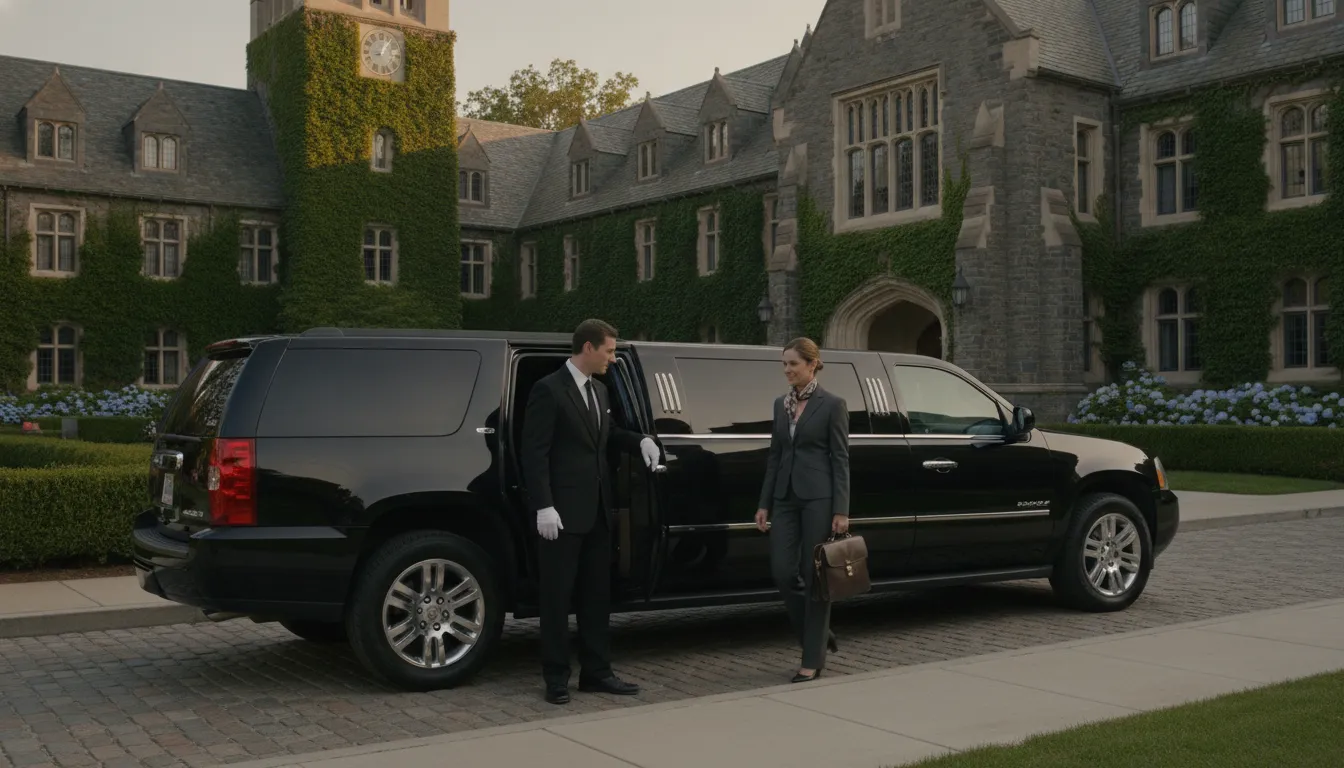 Professional chauffeur opening the door of a black luxury SUV for a business traveler outside a stately Princeton building