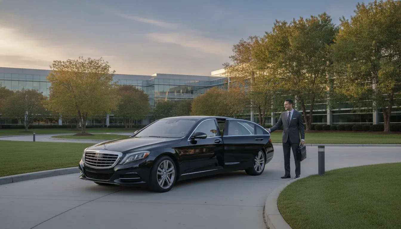 A professional black executive sedan and SUV waiting at a corporate plaza in Princeton, New Jersey, with a chauffeur greeting a business traveler.